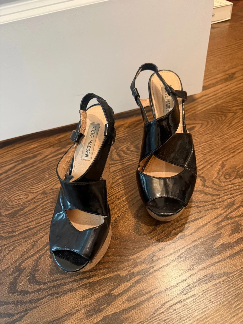 Steve Madden Black Patent Cork Wedge Sandals - Crisscross Slingback